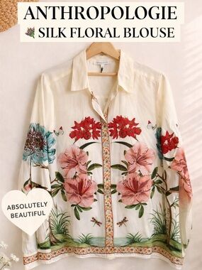 Anthropologie Silk Floral Blouse S Botanical Button Down Shirt Boho Luxe Top